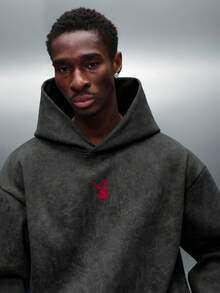 PLAYBOY X SUMWON Mens Essential Washed Effect Overhead Hoodie Pullover Regular Fit Drawstring Hooded Sweatshirt Fall Winter Casual - Black - View 3