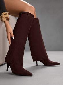 CUCCOO SZL Damen Mode Spitze Zehen Wildleder Overknee Stiefel, elegante vielseitige Slim Heel Overknee Stiefel - Braun - Übersicht 9