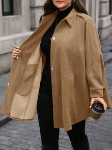 EMERY ROSE Plus Size Elegant Commuter Solid Color Batwing Sleeve Overcoat/Winter - Khaki - View 8
