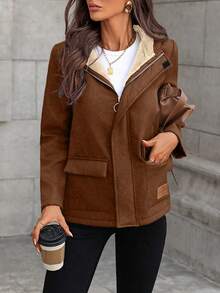EMERY ROSE Women's Solid Color Thermal-Lined Hoodie With Pockets, Regular Fit Casual Everyday Jacket, Autumn/Winter - Brown - View 5