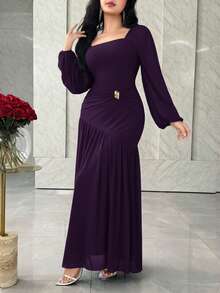 Feyla Vestido de unicolor elegante para ir al trabajo - Morado - Ver 4