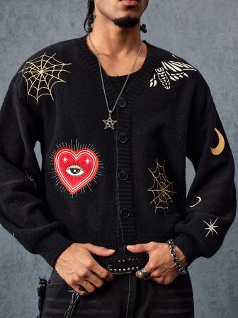Anime Men's Heart Eye Spider Web Embroidery Cardigan
