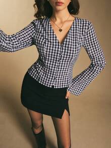 Poéselle Women's Gingham Tie-Back Blouse – V-Neck Button-Front Peplum Top With Flared Sleeves Ingham Blouse Tie Back Top Women Peplum Button Down V Neck Shirt Female Cottagecore Top Flare Sleeve Blouse Waist Cinching Shirt Checkered Fashion Women's V-Neck Raglan Sleeve Button Front Plaid Casual Cropped Shirt  Checkered Top - Blue and White - View 2