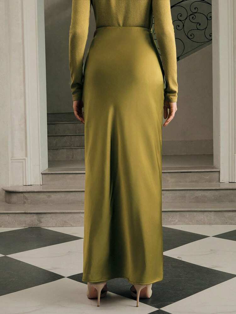 Women's Olive Green Satin Texture Skirt, New Arrival For Autumn