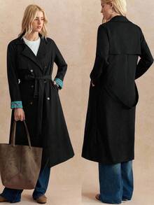 Écloséra French Retro Navy Blue Striped Fitted Lapel Original Fabric Belt Waist Closure Slant Pockets Women's Autumn/Winter Long Sleeve Trench Coat With Contrasting Butterfly Print Lining - Black - View 4