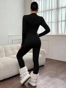 SHEIN Tall 黑色针织女士紧身连体滑雪服，秋冬季，黑色保暖加厚连体服，高个款 - 黑色 - 查看 2