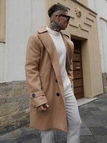 Artur Kramer 男士羊毛混纺双排扣长款大衣，秋冬季英伦风大衣 - 卡其色 - 查看 5
