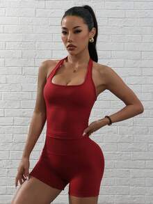 Dewbera 女士露背吊带短款上衣和短裤瑜伽运动服套装红色套装女士健身套装