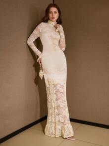 MOTF PREMIUM FASHIONABLE MOCK NECK ELEGANT LACE TRIM SATIN SHEEN RUFFLE HEM MAXI DRESS - Apricot - View 6