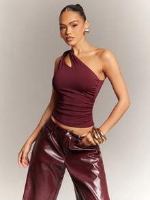 Hauture 女士不对称肩部弹力针织上衣 - 酒紅色 - 查看 6