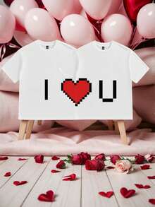 Manfinity VCAY 2pcs/Set Couple Matching Loose Fit Round Neck Short Sleeve T-Shirts, Heart & "I Love You" Print, Casual Everyday Wear - White - View 7