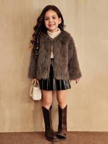 SHEIN Elladie kids Young Girl Casual Fluffy Faux Fur Loose Coat, Sophisticated And Chic Urban Fall Winter