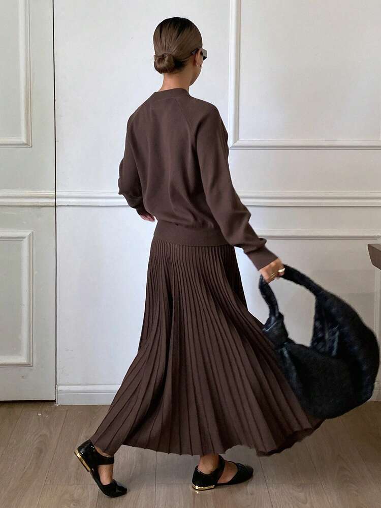 Women Solid Color Crew Neck Long Sleeve Top And Pleated Skirt Sweater Set