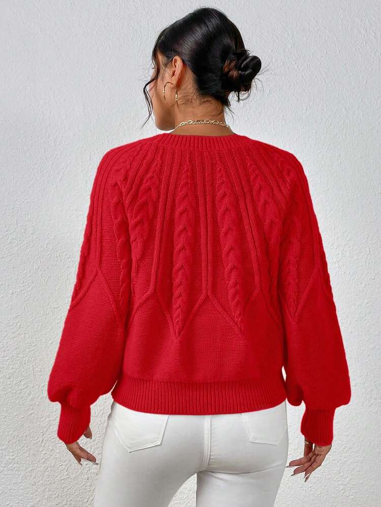 EMERY ROSE Áo len tay đèn lồng màu trơn thường ngày, Thu/Đông - Đỏ - Xem 2