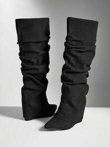 SHUZIA Women's Fashionable Comfortable Knee-High Pointed Toe Slouch Wedge Boots, Suitable For Daily Casual & Holiday Wear For Christmas