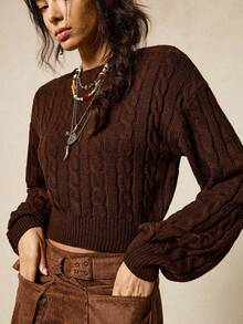 SoleilVie Solid Color Drop Shoulder Long Sleeve Casual Cable Knit Pullover Sweater - Bronze - View 5