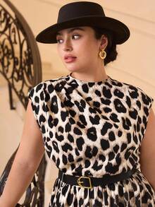 SHEIN MOD 大码女式豹纹无袖连衣裙，优雅办公室连衣裙（配腰带） - 彩色 - 查看 9