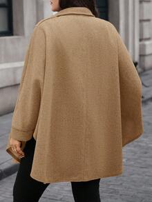 EMERY ROSE Plus Size Elegant Commuter Solid Color Batwing Sleeve Overcoat/Winter - Khaki - View 2