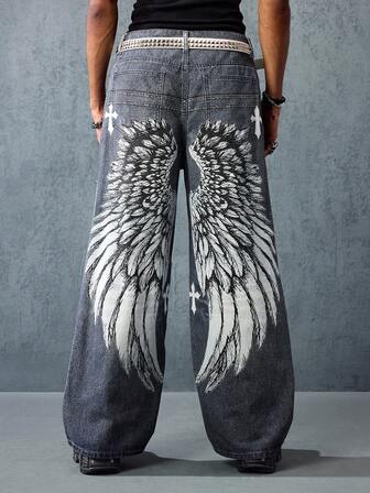 Street Life Men's Wing Graphic Wide Leg Casual Loose Fit Jeans, Street Fashion