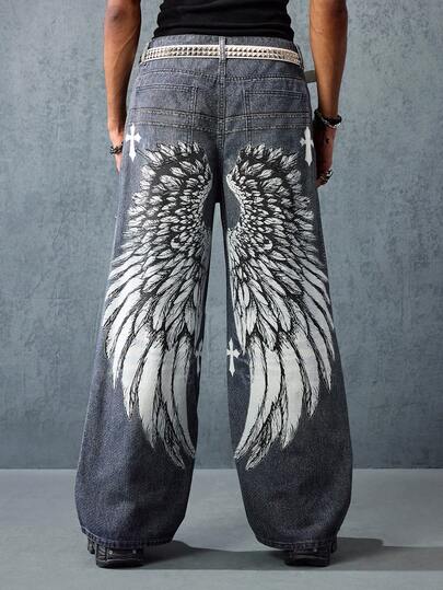 Street Life Jeans anchos de pierna con gráfico de alas, estilo casual y holgado, moda callejera para hombres