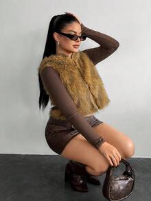 SHEIN SXY Retro Y2K Kunstfell Kapuzenweste, modisch für Herbst/Winter, Braun, Thanksgiving, Winter - Kaffeebraun - Übersicht 2