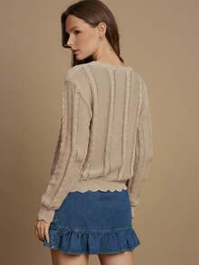 WESTFADE Floral Embroidered Cable Knit Crew Neck Long Sleeve Relaxed Knit Sweater - Apricot - View 2