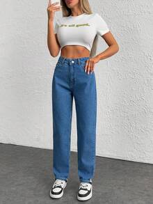 EURMUSE 100%Cotton Snow Washed Cropped Mom Fit Jeans - Medium Wash - View 5