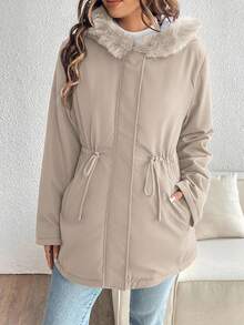 SHEIN Solid Color Drawstring Waist Thermal Lined Hooded Maternity Jacket - Khaki - View 7