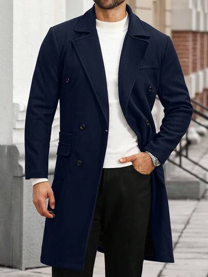 Manfinity CasualCool 男士加大码纯色口袋纽扣长袖外套，秋季男士长款外套，适合教堂穿着，藏蓝色风衣夹克，冬季款