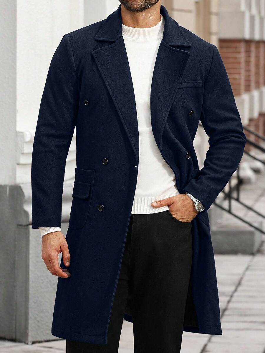 Manfinity CasualCool Áo khoác nam tay dài màu trơn có túi và nút phía trước cỡ lớn, áo khoác dài mùa thu cho nam, áo khoác ngoài nhà thờ cho áo khoác trench coat màu xanh nước biển, cho mùa đông - Màu xanh hải quân - Xem 1