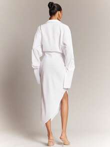 Hauture 女士办公室休闲优雅低领侧开衩超长袖衬衫裙 - 白色 - 查看 3