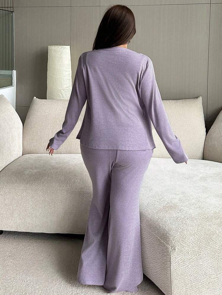 Dazy Plus 3 PiecesElegant Purple Plus Size Women Casual Outfit Set - Tight Camisole, Loose Cardigan, Pants Lounge Sets For Women