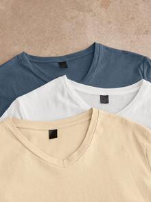 Manfinity BRENVOR 3pcs Pack Men's Casual Solid Color Knit Short Sleeve T-Shirt, Summer - Multicolor - View 3