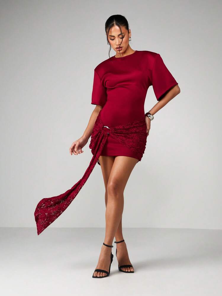 MISSGUIDED Oversized Burgundy Shoulder Pad Mini Dress With Lace Tie Detail Short Sleeve Party Bodycon Christmas