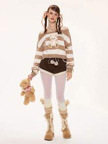 ROMWE Suéter holgado de punto a rayas lindo y kawaii para mujer - Marrón - Ver 3