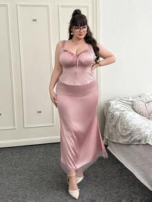 CovetEZ Damen Große Größen sexy romantischer Retro-Stil Trägerkleid mit Fischschwanz 2 Stücke Set - Altrosa - Übersicht 5