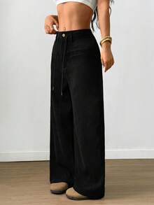 SHEIN LUNE Women's Solid Color Drawstring Faux Pocket Casual Pants, Autumn - Black - View 4