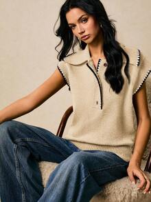 Poéselle 女士休闲花卉饰边 Polo 领针织背心，秋冬季 - 杏色 - 查看 5