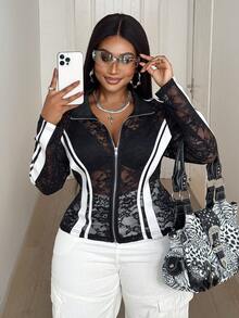 Maweii 大码女式性感半透明蕾丝拼接拉链长袖T恤 - 黑色 - 查看 1