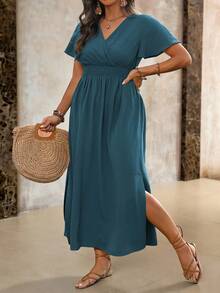 Roveilla 大码女式裹腰荷叶边袖连衣裙，适合圣诞节超长女装