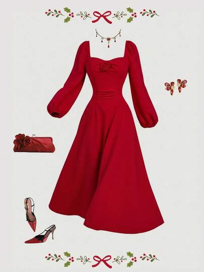 SHEIN MOD 女式纯色 3D 花卉装饰甜心领灯笼袖优雅中长连衣裙