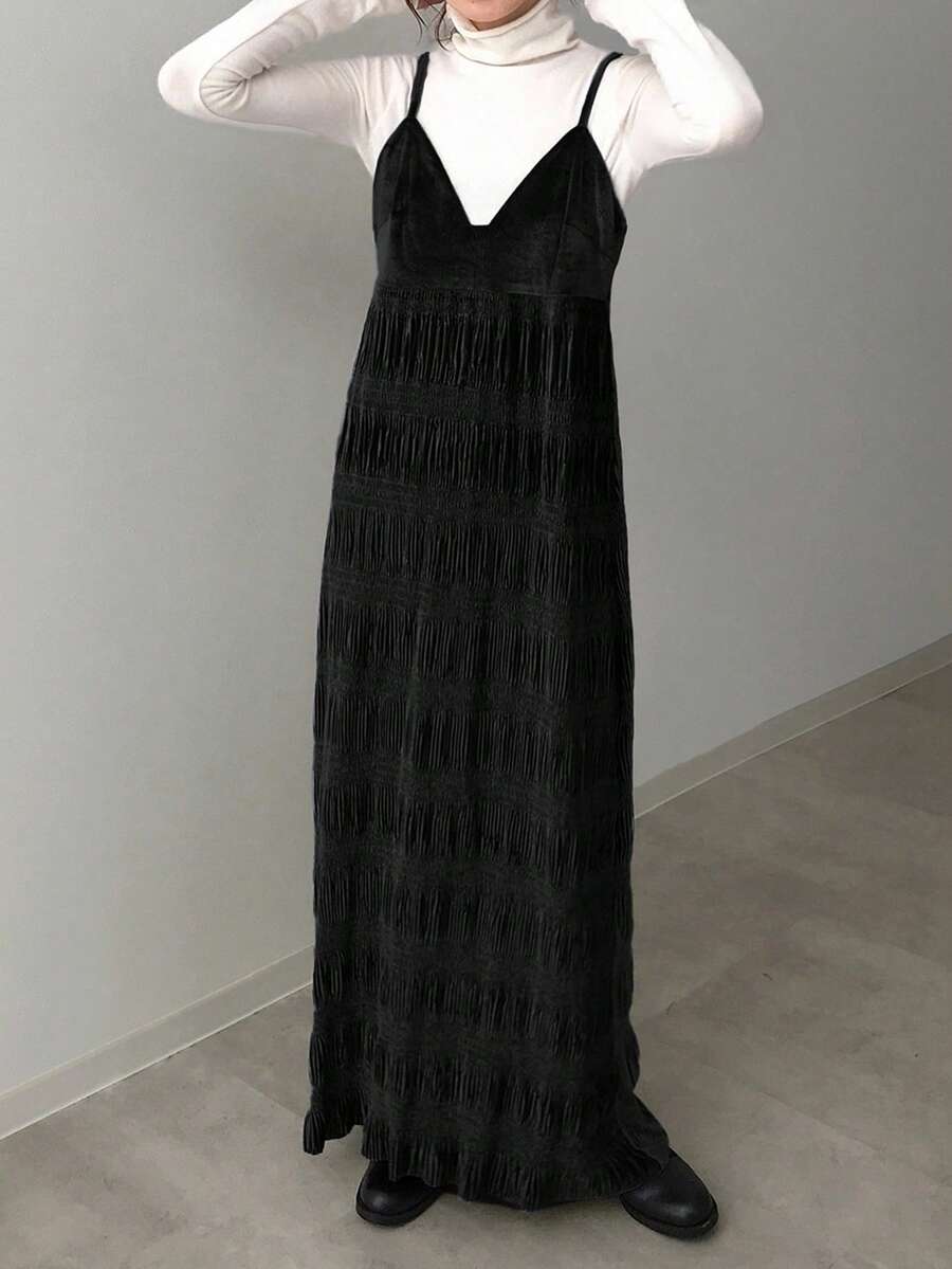 FRIFUL 女士藏蓝色纯色丝绒吊带连衣裙,秋季连衣裙,户外连衣裙,秋季女装长款连衣裙 - 黑色 - 查看 1