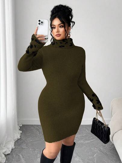 Elenzga 大码女式豹纹拼接长袖毛衣连衣裙，休闲外套，适合婚礼宾客、秋冬季穿着