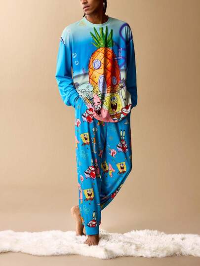 SpongeBob SquarePants | SHEIN Men's Casual Cartoon Pattern Long Sleeve Top And Pants Loungewear Set, Autumn, Winter Clothes