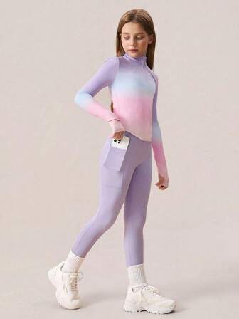 SHEIN Tween Girls Clothing A Vibrant 2 Pieces Workout Ensemble Designed For Tween Girls, Showcasing A Long-Sleeve Semi-Open Zip-Front Top With A Dynamic Color Ombre Print And Sleek, High-Waisted Yoga Pants, Engineered With Professional-Grade 4-Way Stretch Fabric For Superior Flexibility, Making It A Versatile Choice For Pilates, Gym Sessions, And Casual Outdoor Leisure Wear Throughout The Year.