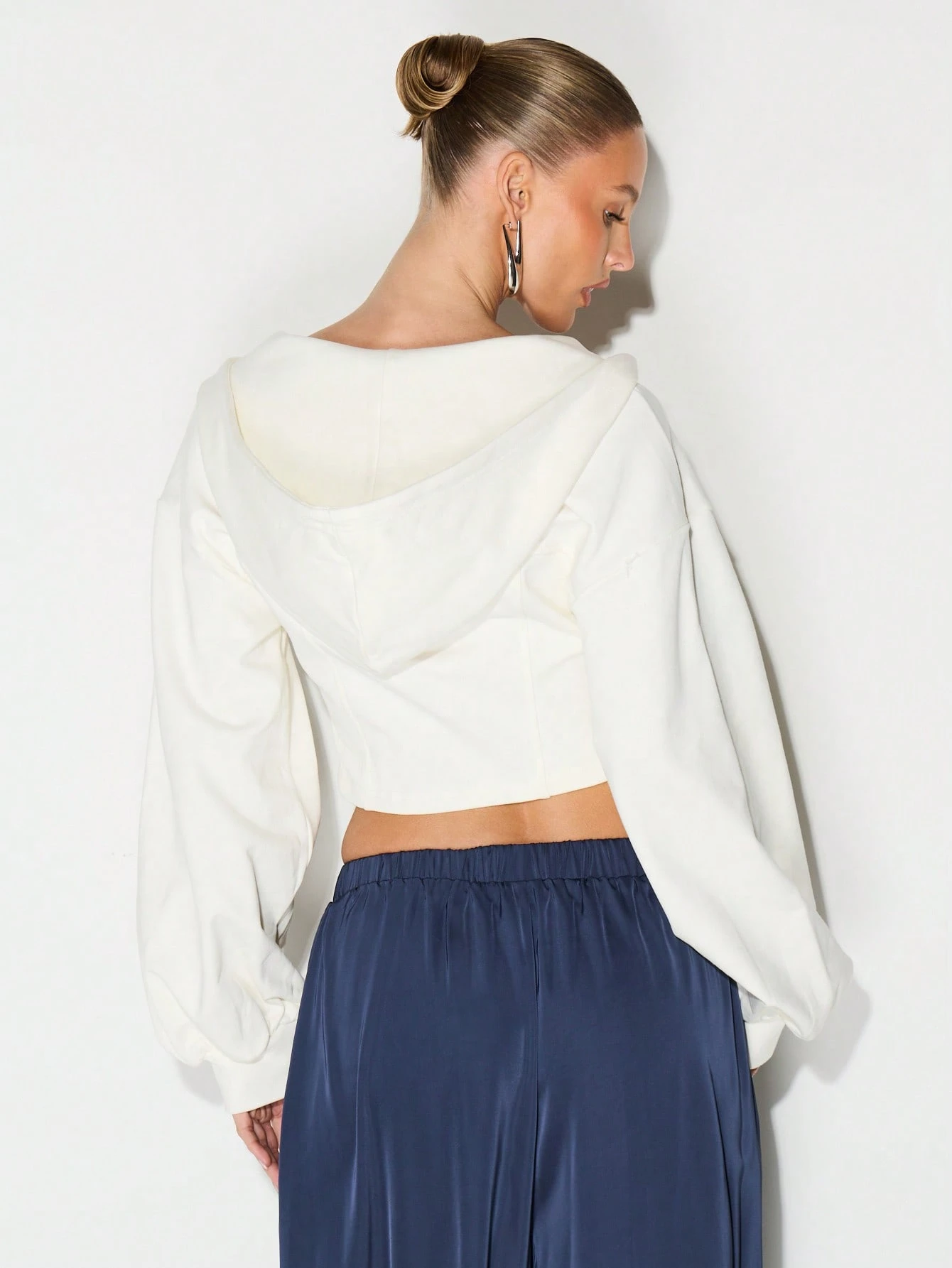 KIZN Cropped Full Zip Hoodie With Balloon Sleeves And Hood