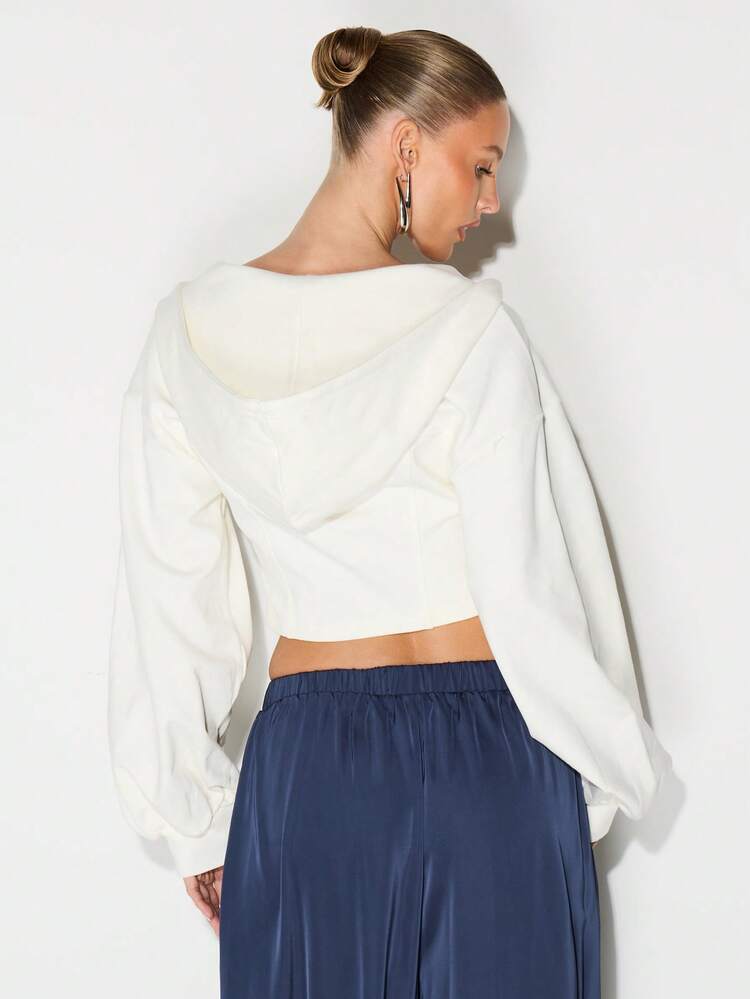 KIZN Cropped Full Zip Hoodie With Balloon Sleeves And Hood