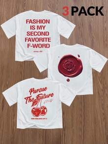 SWAVVY 3pcs/Set Men's Casual Loose Graphic Print T-Shirt, For Vacation And Everyday Wear - White - View 1