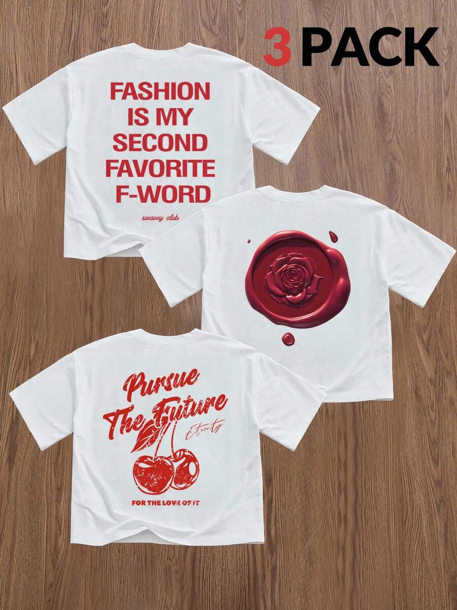 SWAVVY 3pcs/Set Men's Casual Loose Graphic Print T-Shirt, For Vacation And Everyday Wear - White - View 1