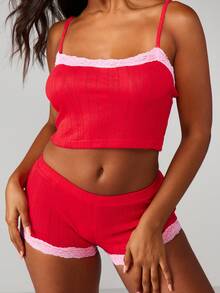 MISSGUIDED Ribbed Pajama Set With Lace Trim Camisole And Shorts Loungewear Sleepwear - Red - View 4